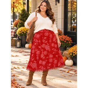Liz & Me Red Floral Paisley Fringe Hem Skirt Size 18 USA Made A-line